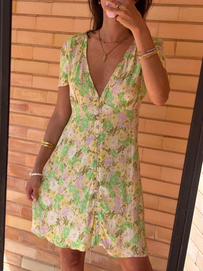 Vestido Floral Verde e Lilás Botões
