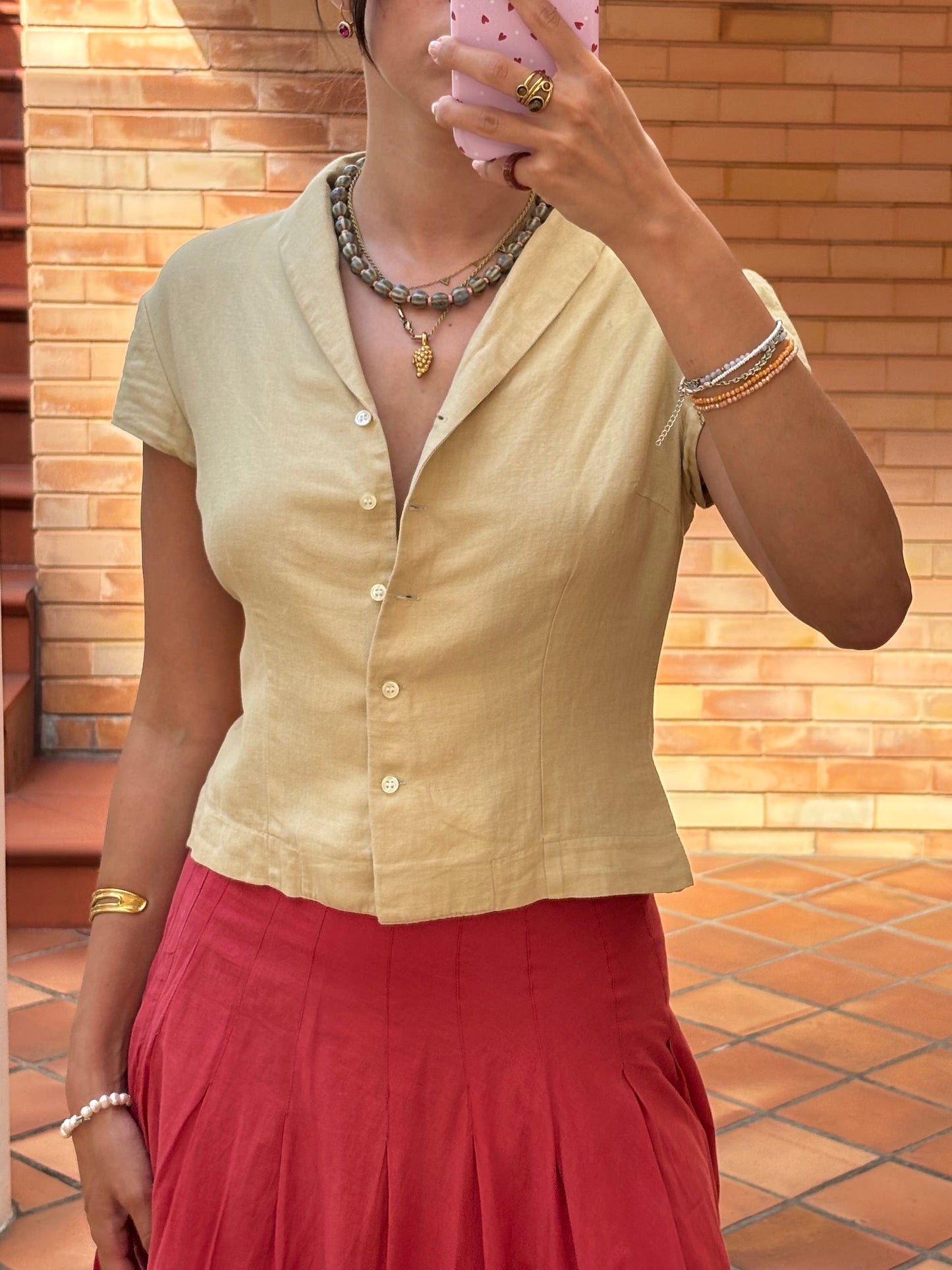 Camisa Bege Linho e Algodão Cintada