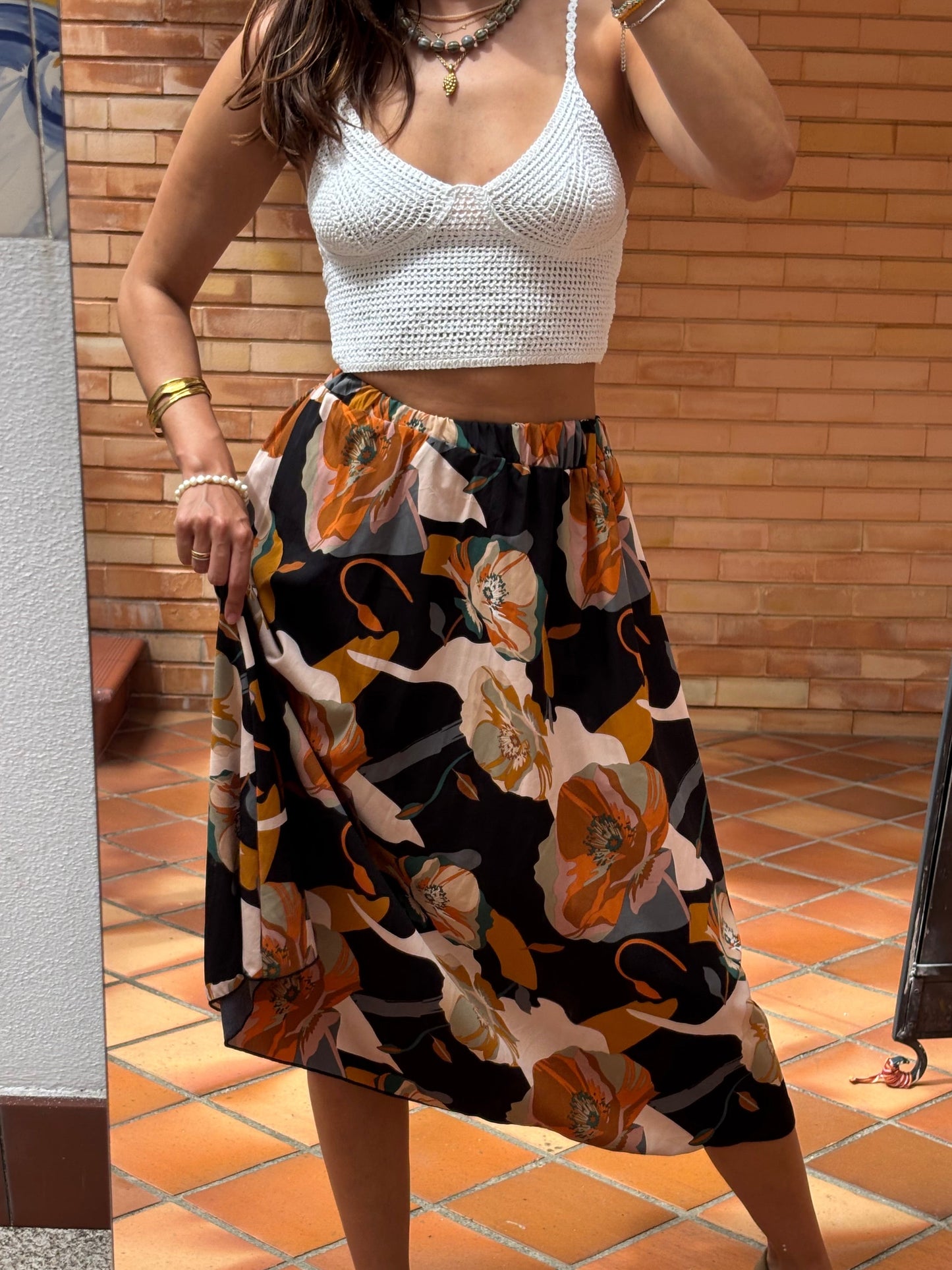 Saia Midi Estampado Floral Abstrato