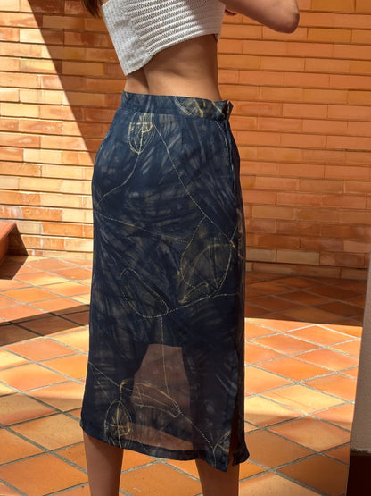 Saia Midi Vintage Azul Escuro