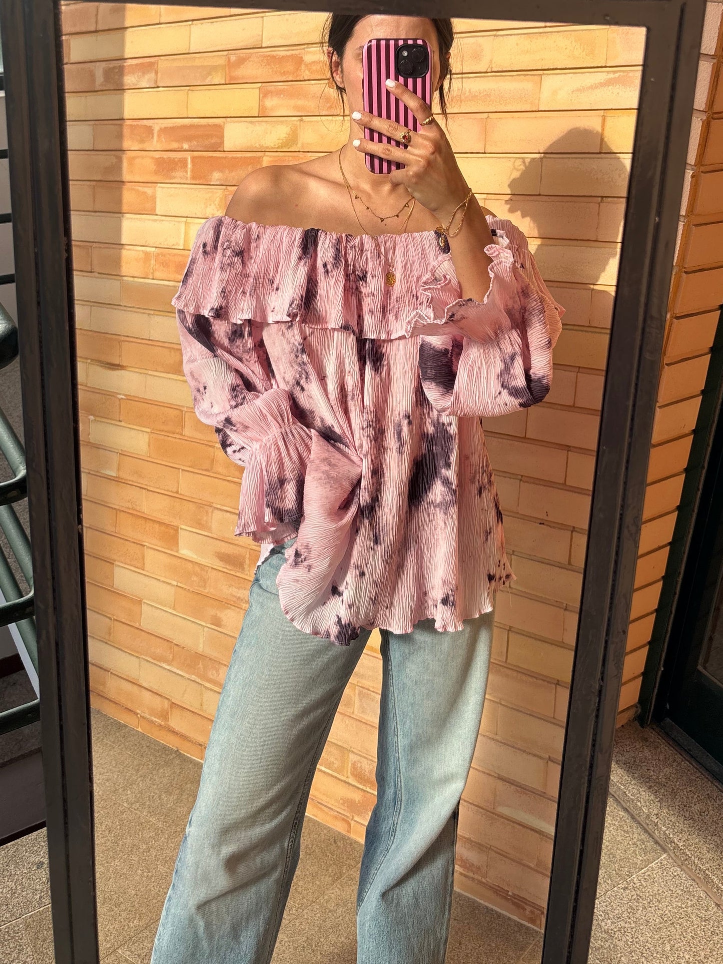 Blusa Off-Shoulder Rosa Tie-Dye