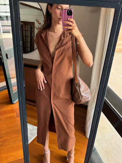 Vestido Midi Castanho em linho com Botões