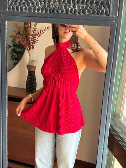 Top halter vermelho franzido