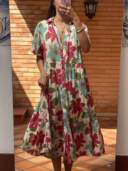 Vestido Midi Floral Estampado Tropical