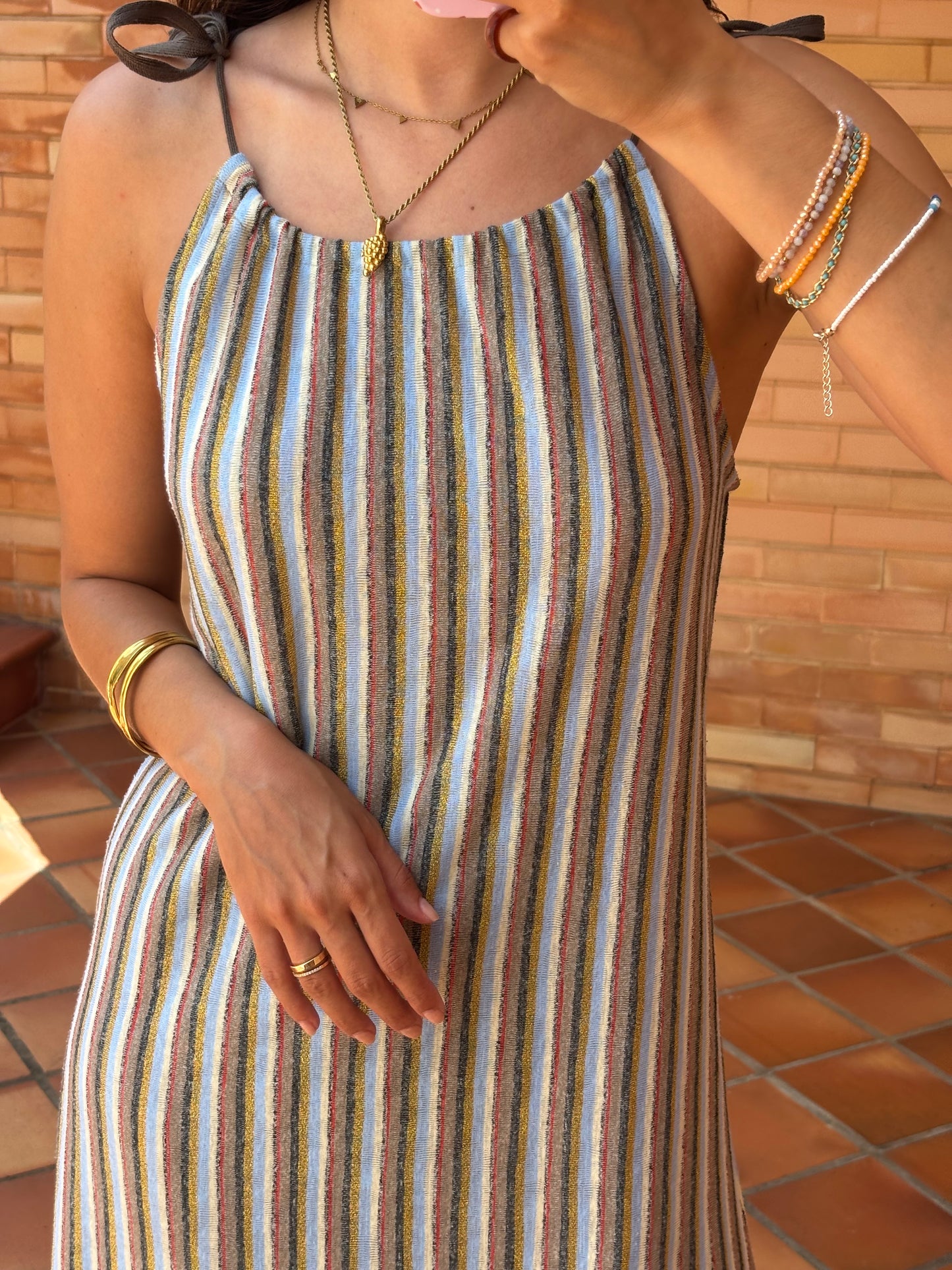 Vestido Maxi Riscas em Linho