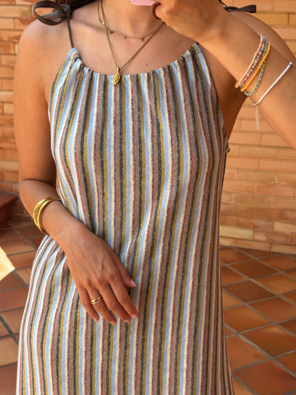 Vestido Maxi Riscas em Linho