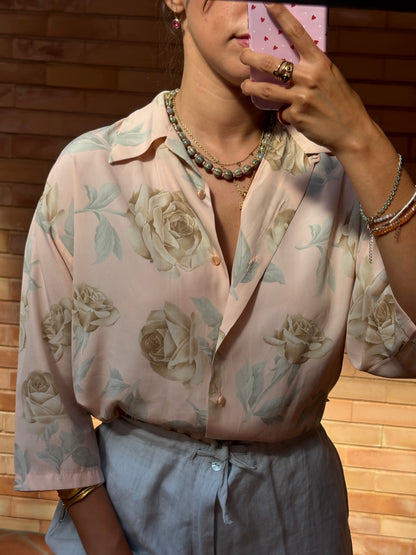 Camisa Floral Rosa Vintage Acetinada