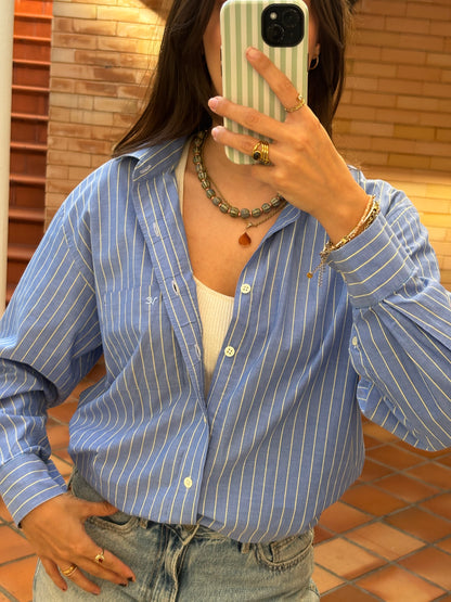 Camisa Azul Às Riscas Com Linhas Amarelas