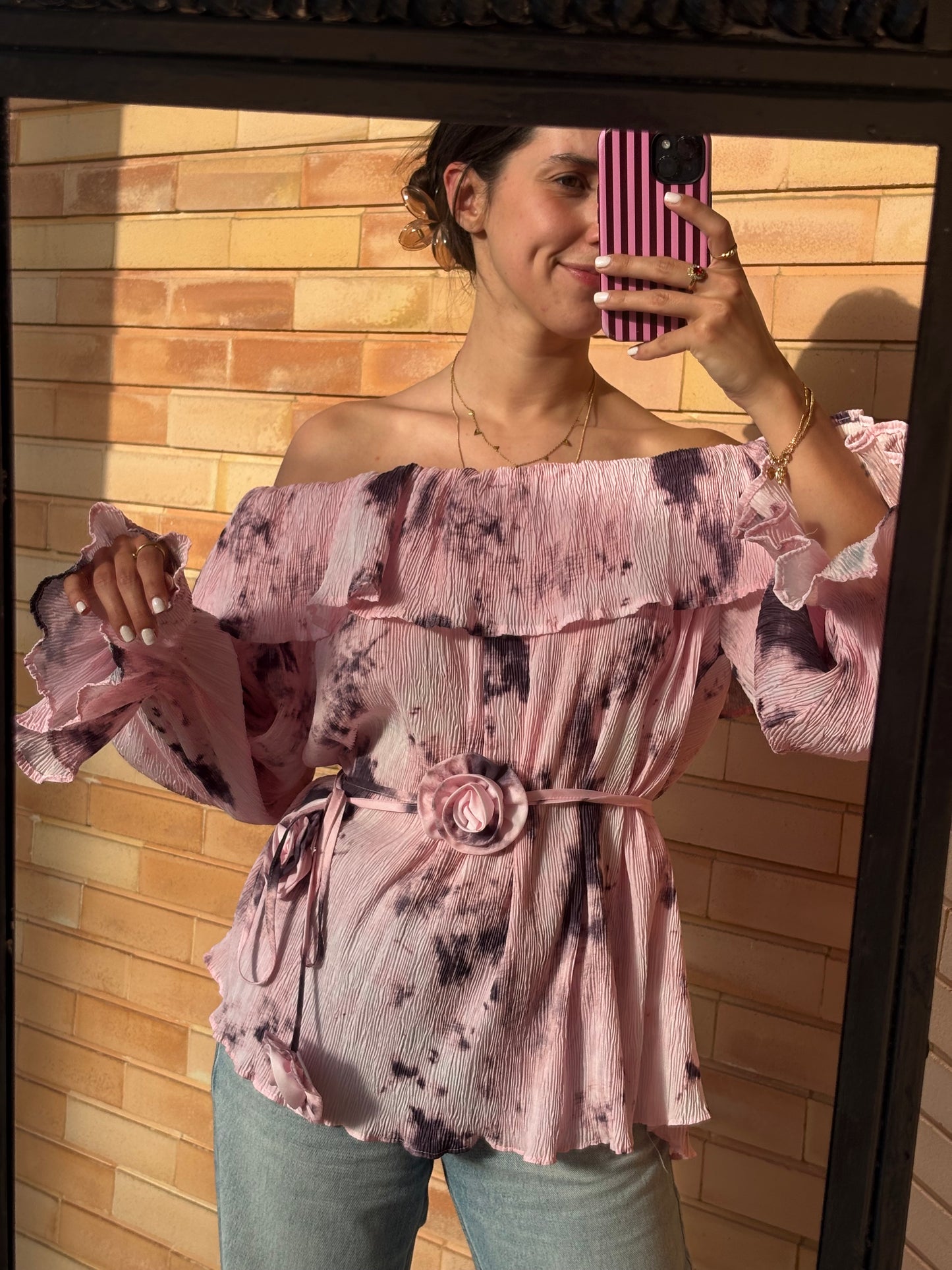 Blusa Off-Shoulder Rosa Tie-Dye