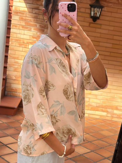 Camisa Floral Rosa Vintage Acetinada