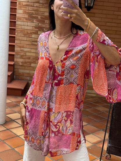 Camisa Fluida Patchwork Multicolor