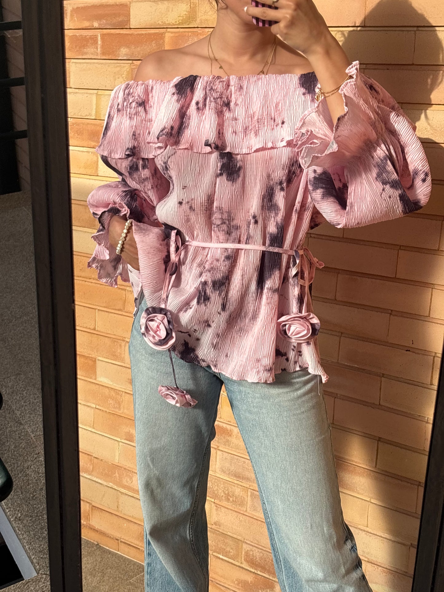Blusa Off-Shoulder Rosa Tie-Dye