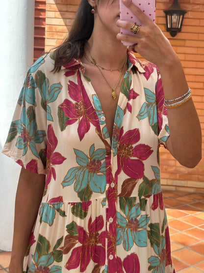 Vestido Midi Floral Estampado Tropical