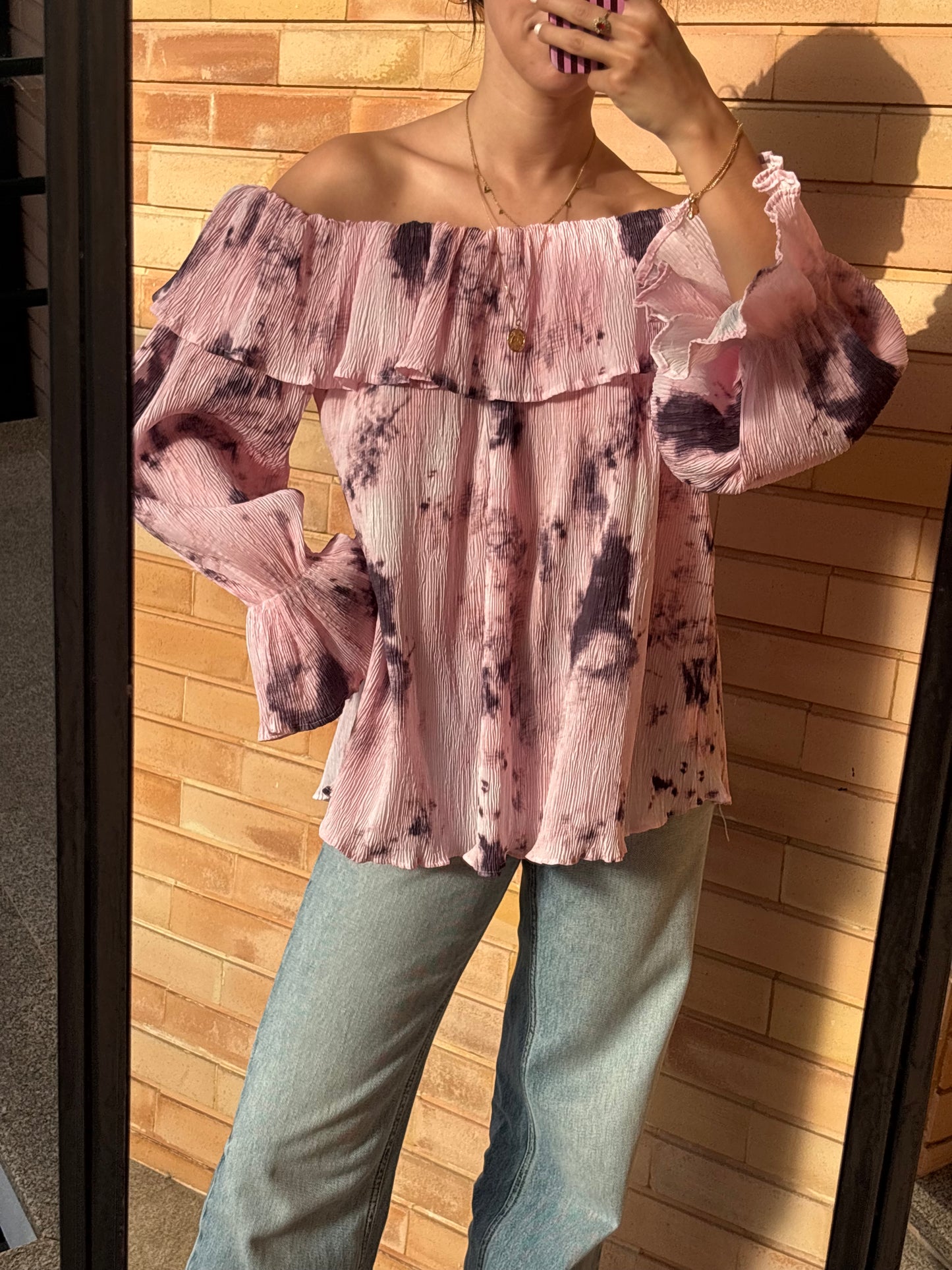 Blusa Off-Shoulder Rosa Tie-Dye