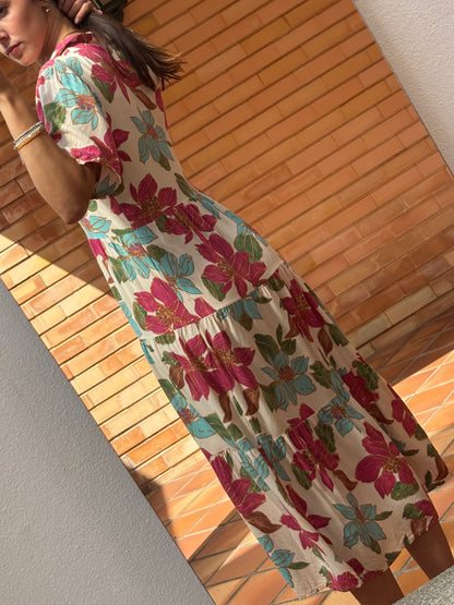 Vestido Midi Floral Estampado Tropical