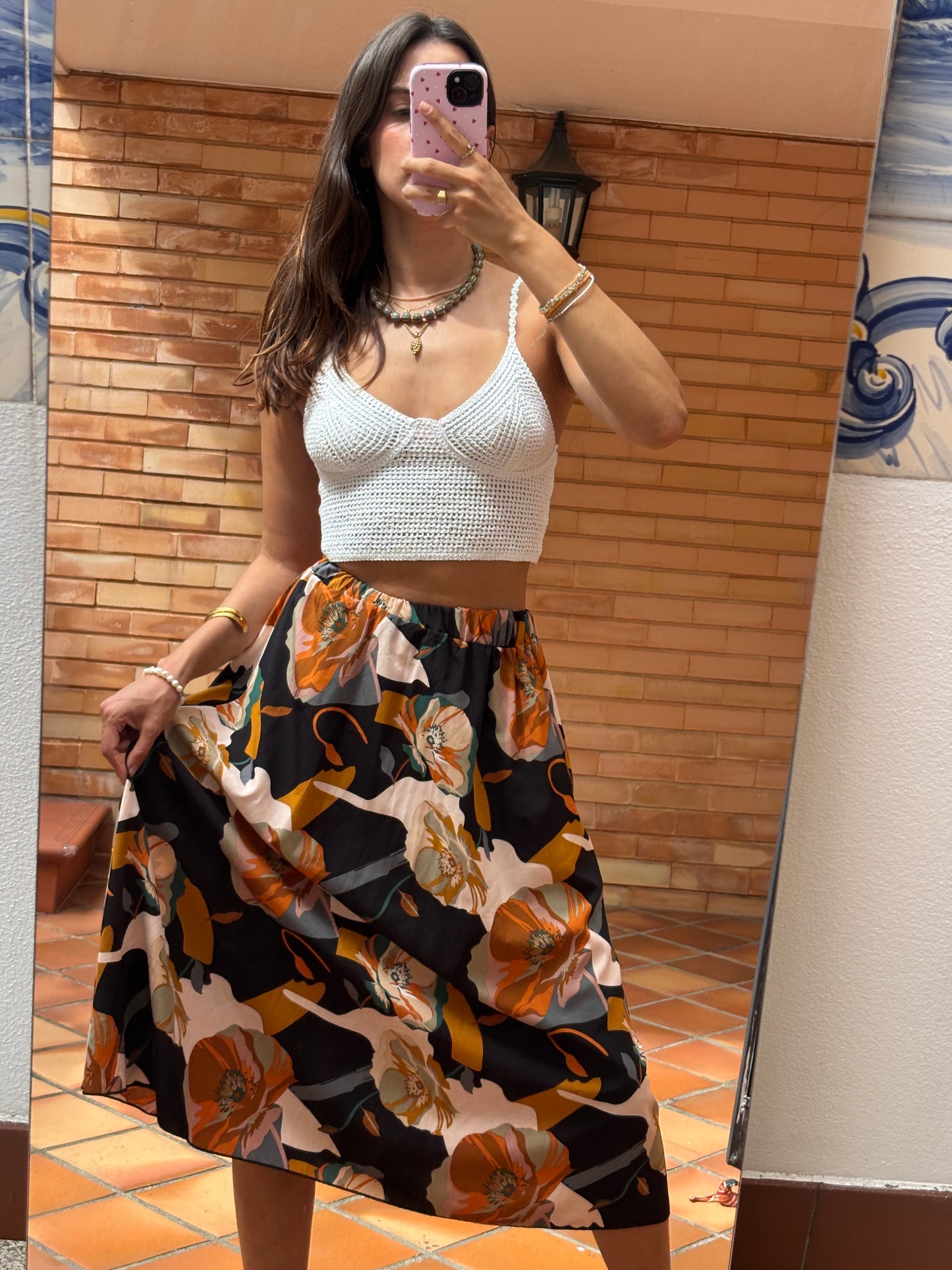 Saia Midi Estampado Floral Abstrato
