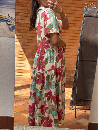 Vestido Midi Floral Estampado Tropical