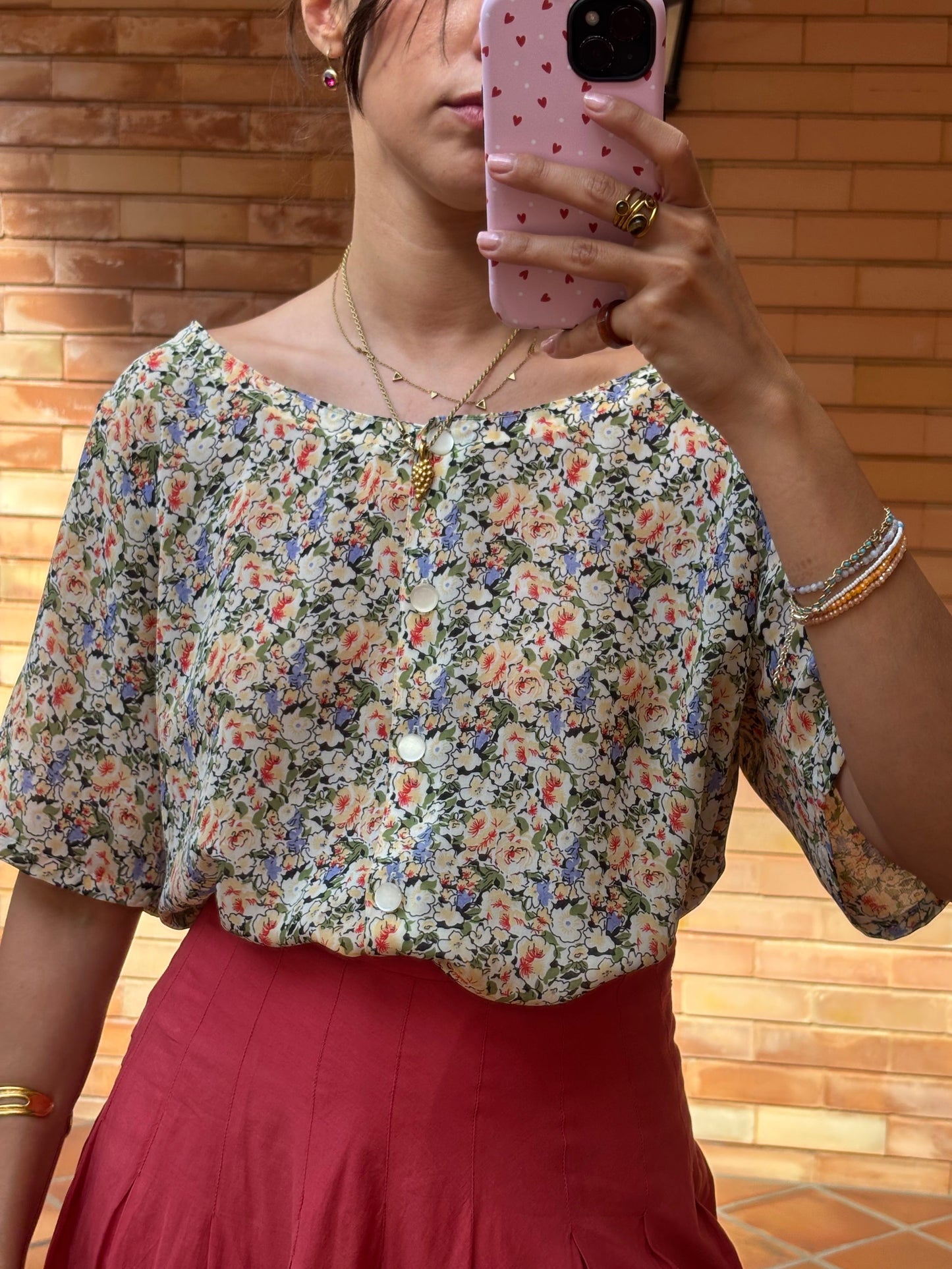 Blusa Floral Manga Ampla Acetinada
