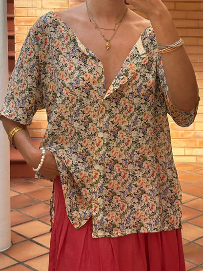 Blusa Floral Manga Ampla Acetinada