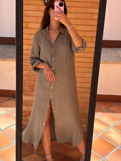 Vestido Camiseiro Maxi Linho Italiano