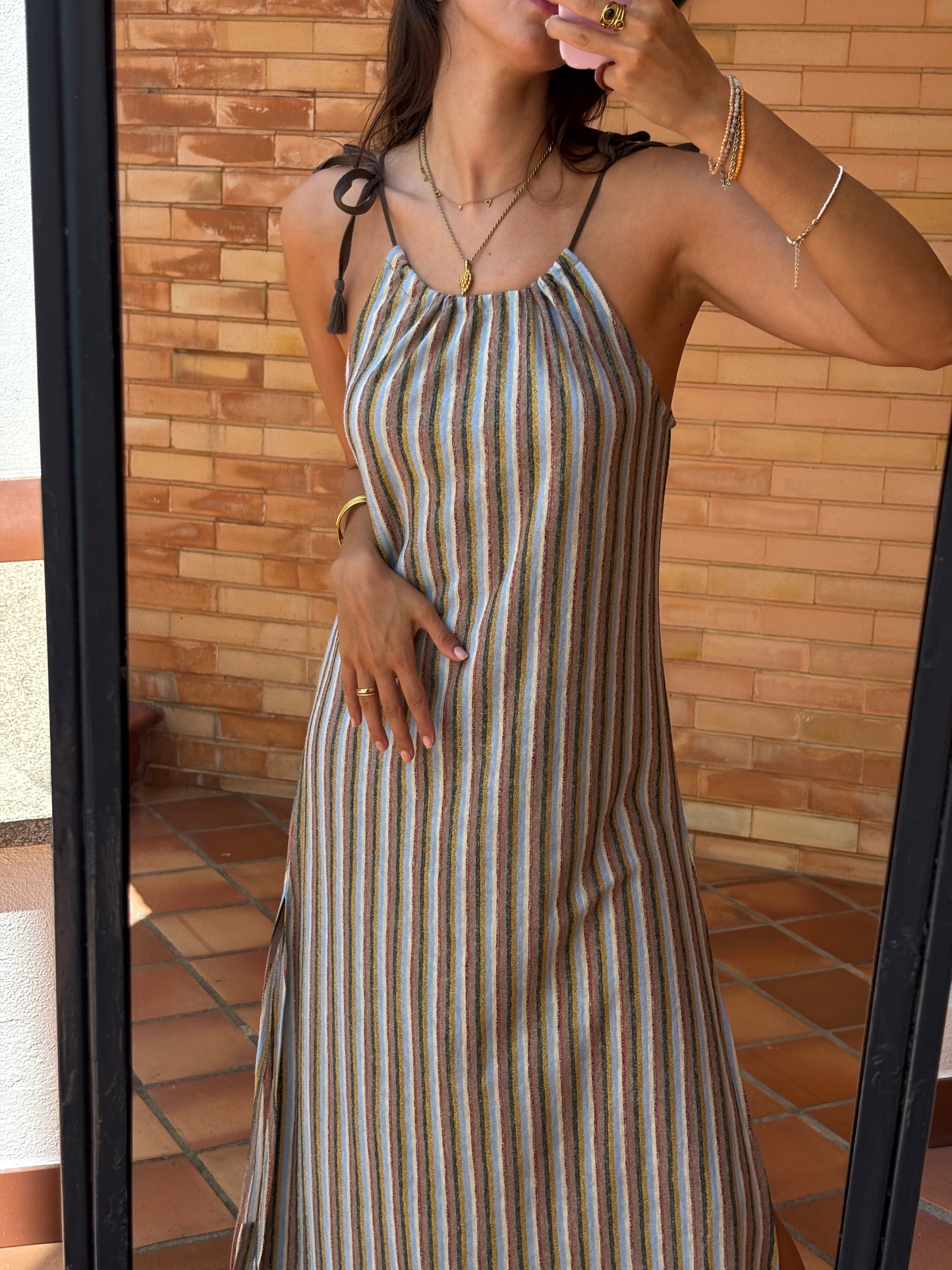 Vestido Maxi Riscas em Linho