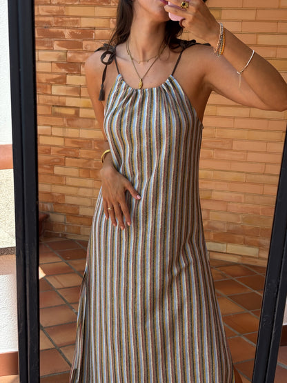 Vestido Maxi Riscas em Linho