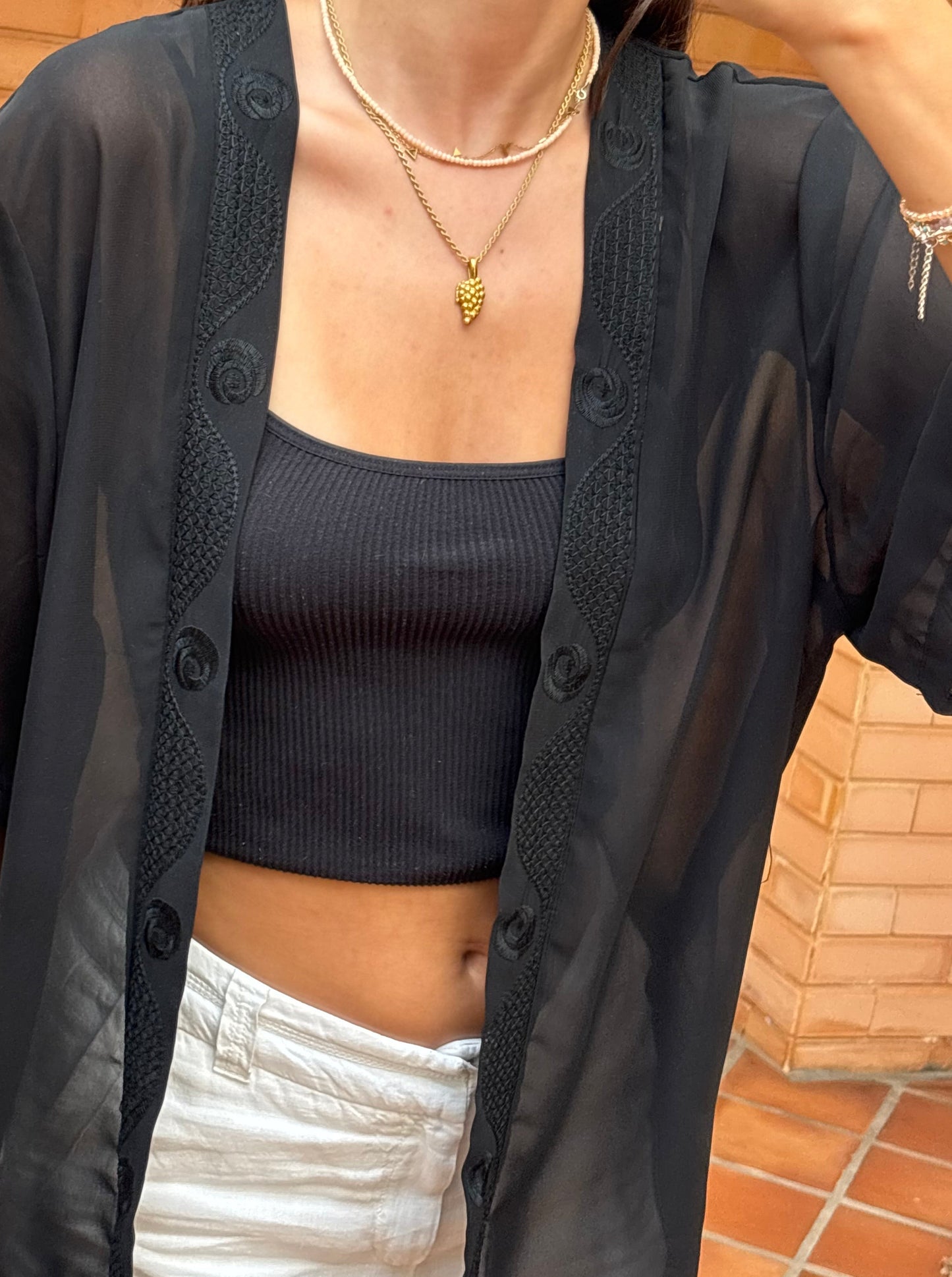 Kimono Transparente Preto Bordado