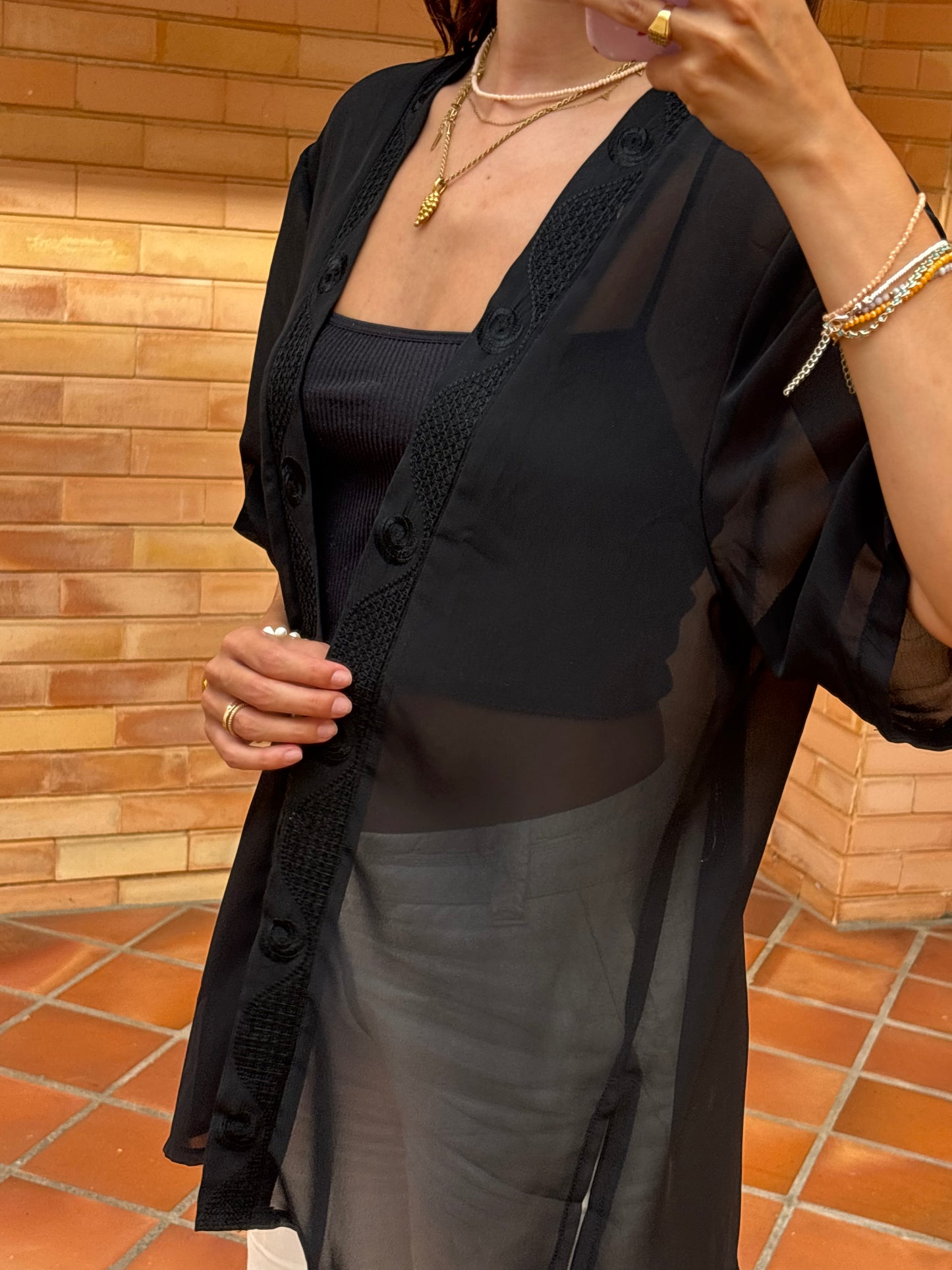 Kimono Transparente Preto Bordado