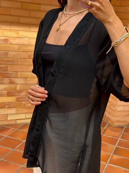 Kimono Transparente Preto Bordado