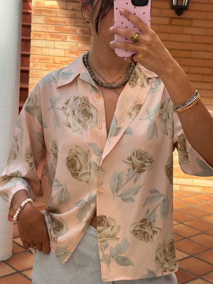 Camisa Floral Rosa Vintage Acetinada