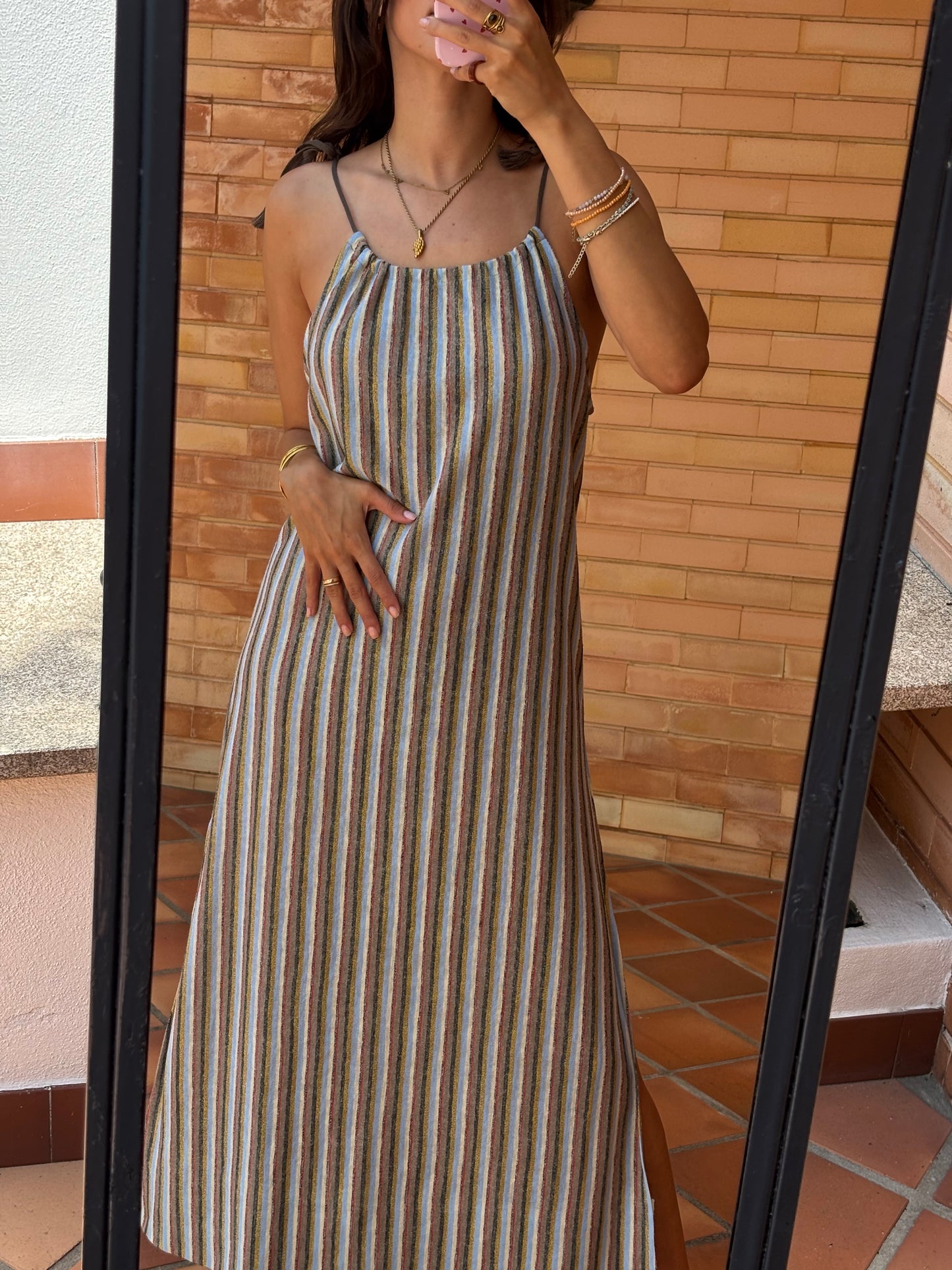 Vestido Maxi Riscas em Linho