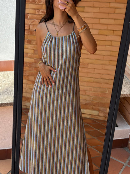 Vestido Maxi Riscas em Linho