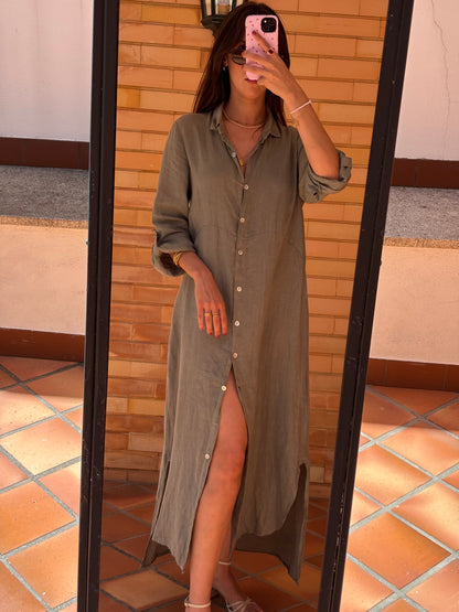 Vestido Camiseiro Maxi Linho Italiano