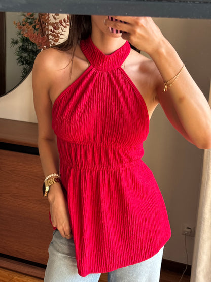 Top halter vermelho franzido