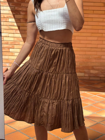 Saia Midi Camadas Plissada Castanha