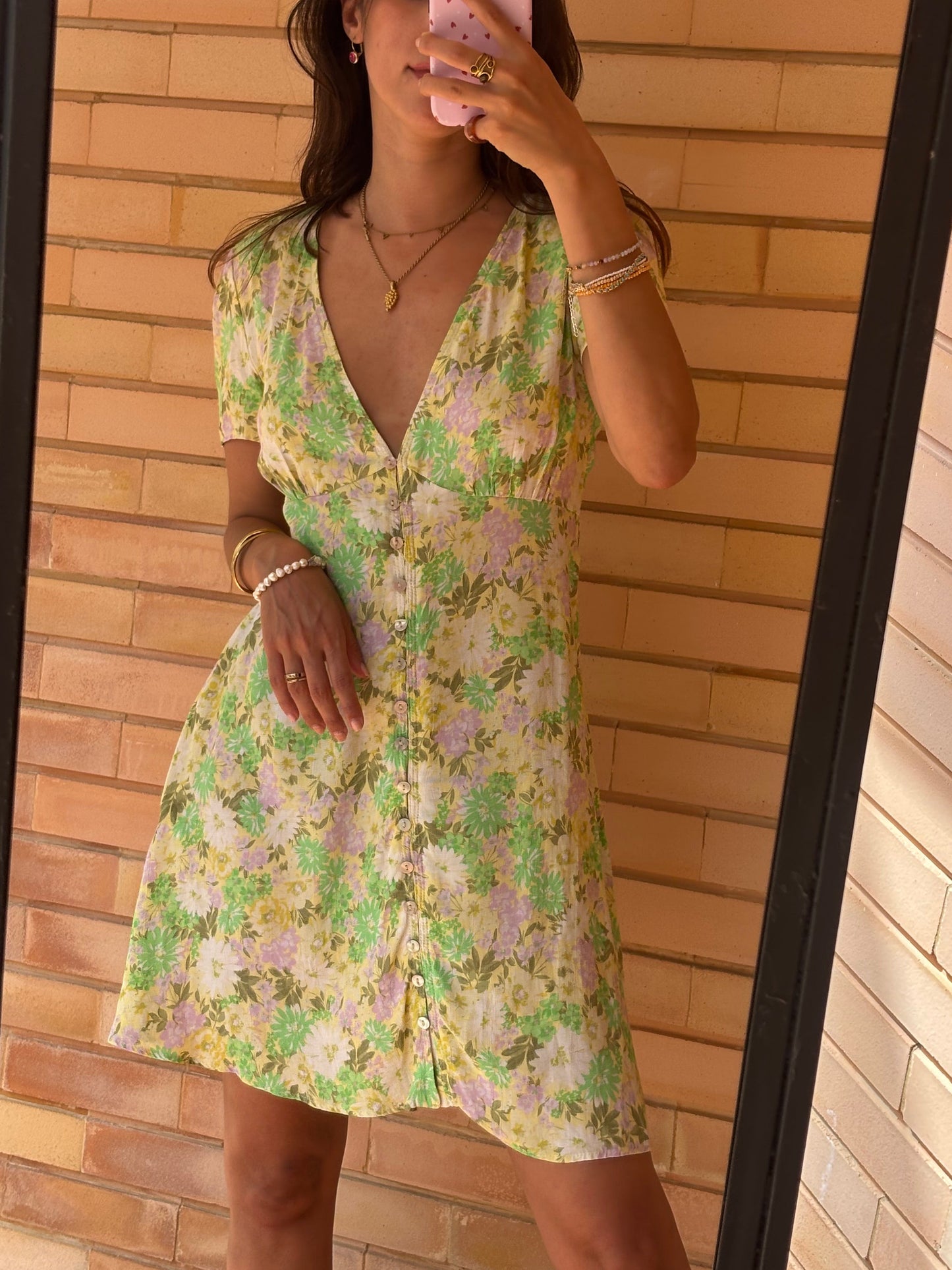 Vestido Floral Verde e Lilás Botões